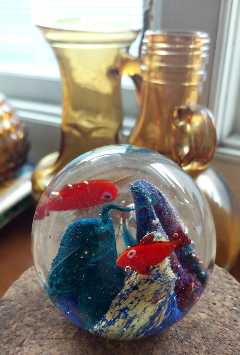 Vintage art glass paperweight fish on coral reef