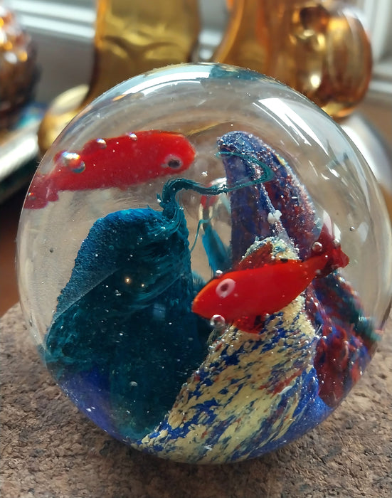 Vintage art glass paperweight fish on coral reef