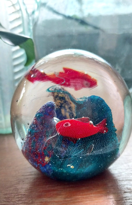 Vintage art glass paperweight fish on coral reef