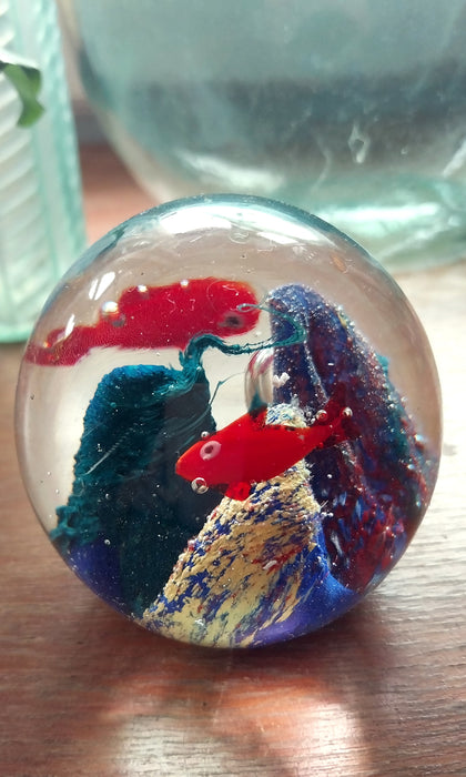 Vintage art glass paperweight fish on coral reef