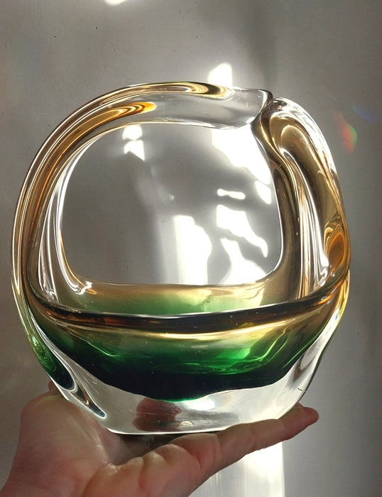 Vintage amber and emerald green art glass sculpture/basket