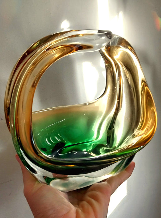 Vintage amber and emerald green art glass sculpture/basket