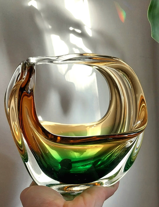 Vintage amber and emerald green art glass sculpture/basket