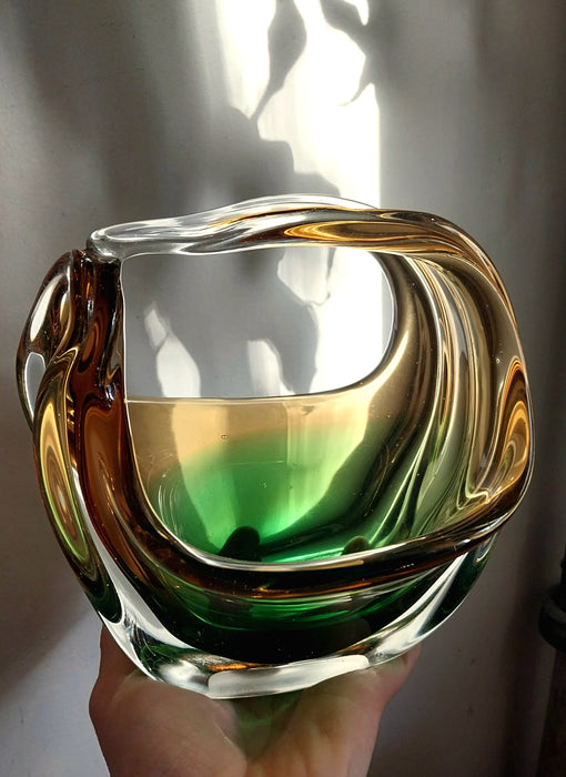 Vintage amber and emerald green art glass sculpture/basket