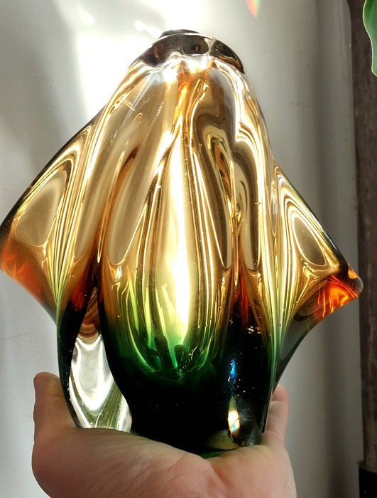 Vintage amber and emerald green art glass sculpture/basket