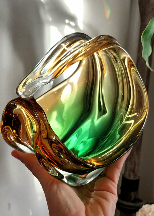 Vintage amber and emerald green art glass sculpture/basket
