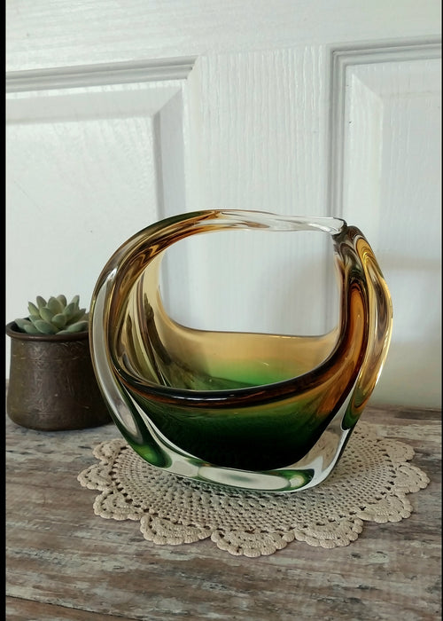 Vintage amber and emerald green art glass sculpture/basket
