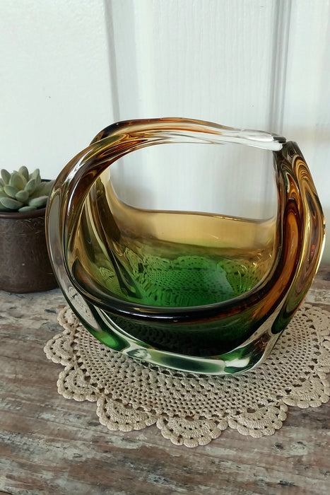 Vintage amber and emerald green art glass sculpture/basket