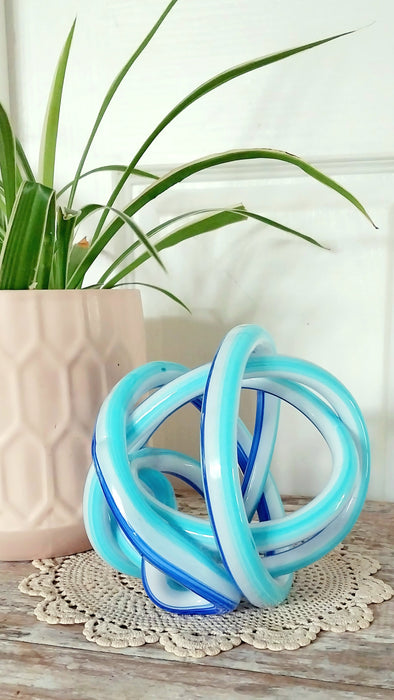 2 tone Blue and white twisted glass knott sculpture.