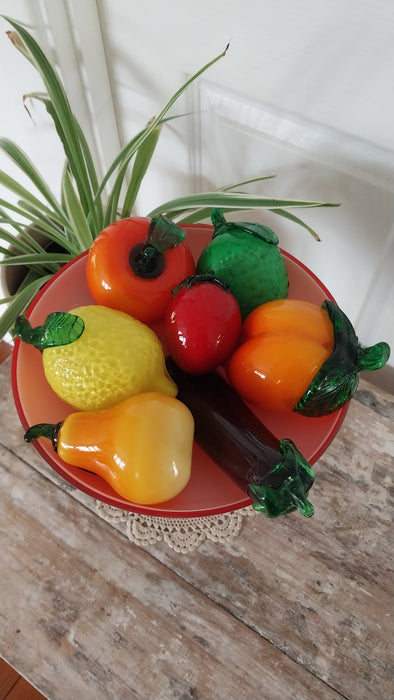 Vintage Glass fruit in red art glass bowl