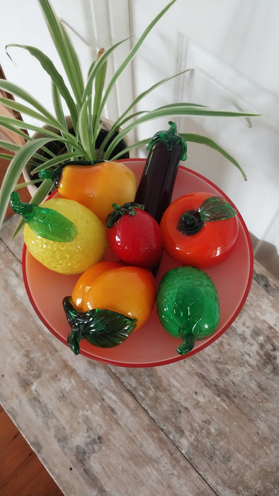 Vintage Glass fruit in red art glass bowl