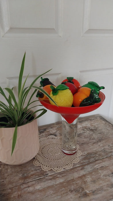 Vintage Glass fruit in red art glass bowl