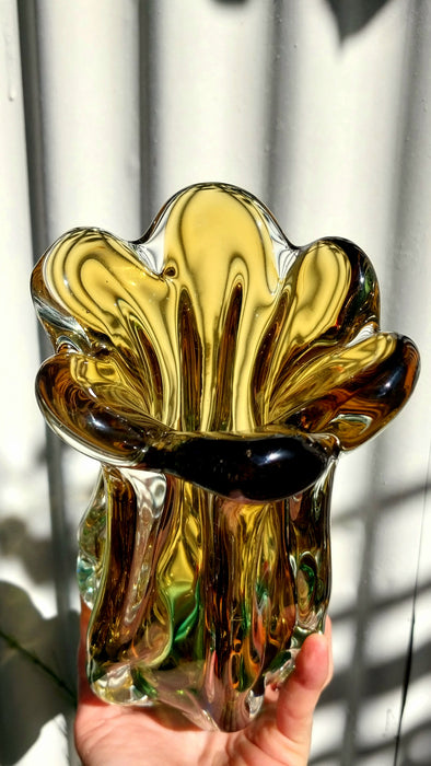 Emerald green and amber Japanese art glass vase