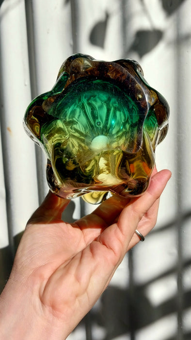 Emerald green and amber Japanese art glass vase