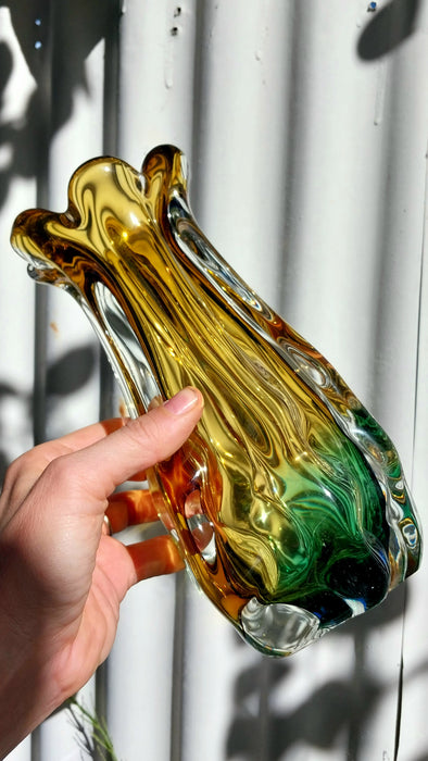 Emerald green and amber Japanese art glass vase