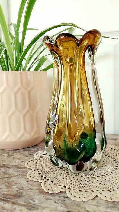 Emerald green and amber Japanese art glass vase