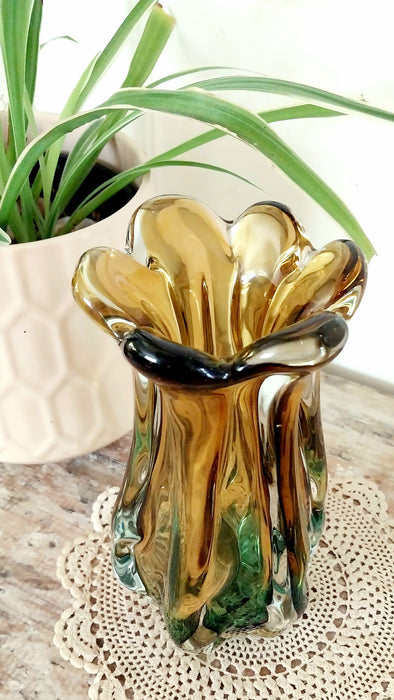 Emerald green and amber Japanese art glass vase