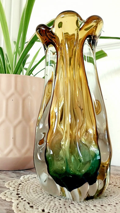 Emerald green and amber Japanese art glass vase