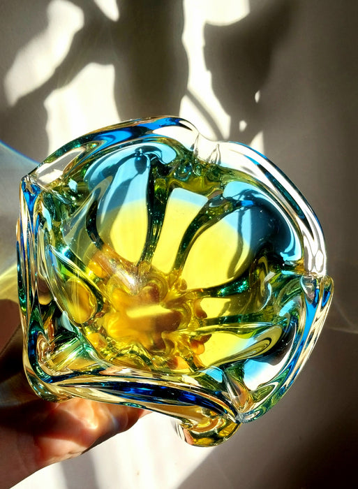Blue and yellow vintage Czeck art glass bowl
