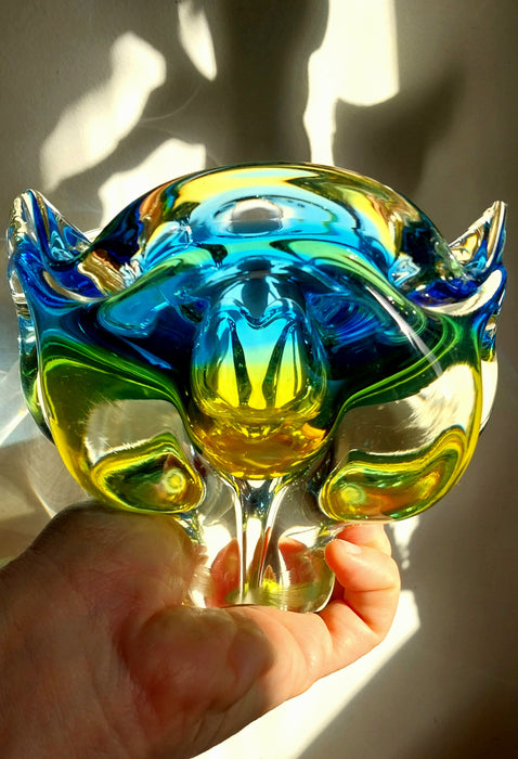 Blue and yellow vintage Czeck art glass bowl