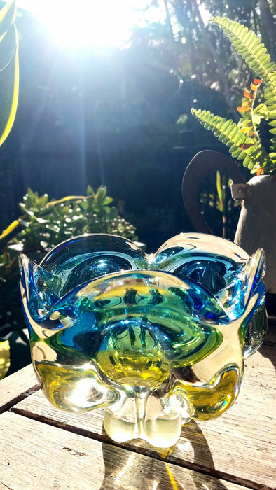 Blue and yellow vintage Czeck art glass bowl