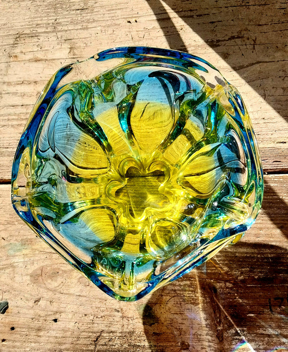 Blue and yellow vintage Czeck art glass bowl