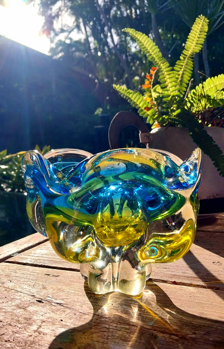 Blue and yellow vintage Czeck art glass bowl