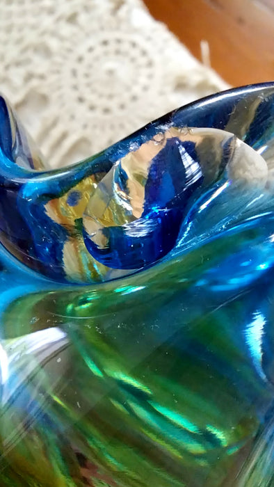 Blue and yellow vintage Czeck art glass bowl