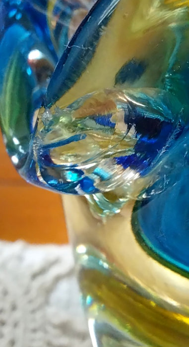 Blue and yellow vintage Czeck art glass bowl