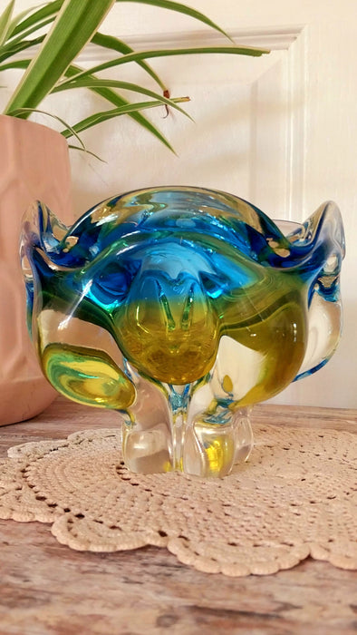 Blue and yellow vintage Czeck art glass bowl