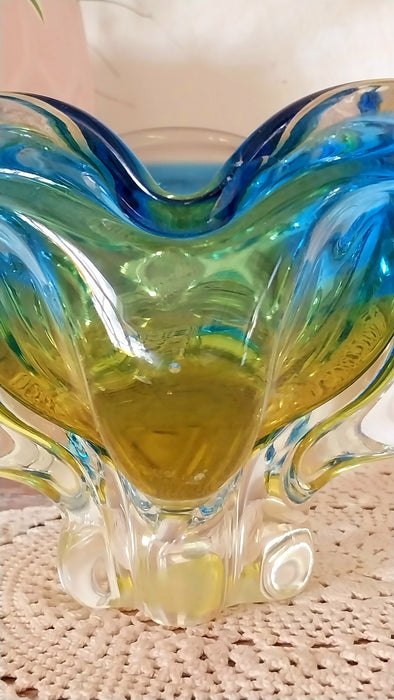 Blue and yellow vintage Czeck art glass bowl