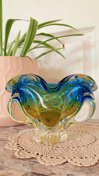 Blue and yellow vintage Czeck art glass bowl