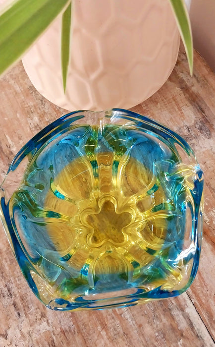 Blue and yellow vintage Czeck art glass bowl