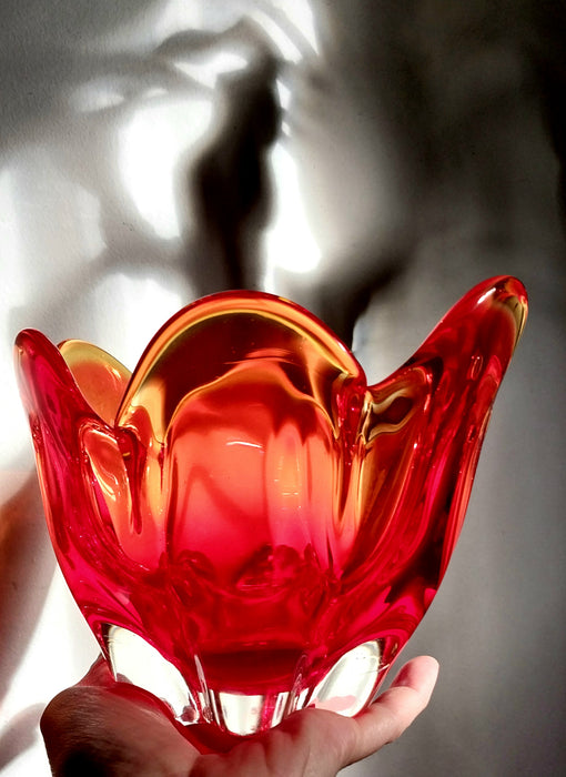 Orange Japanese Iwatsu sunart glass handkerchief vase.