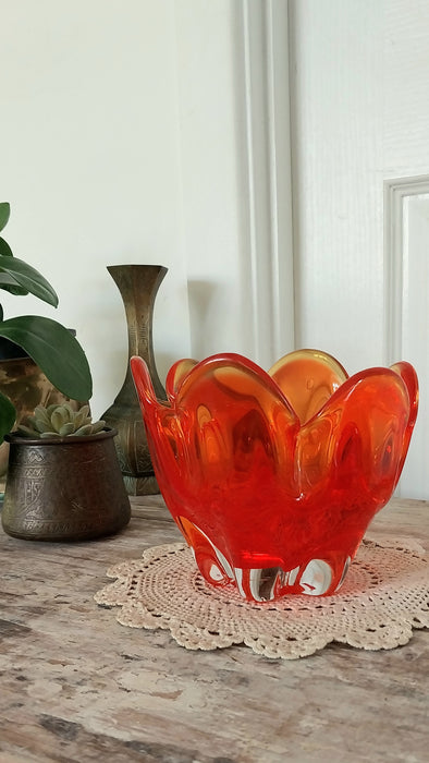 Orange Japanese Iwatsu sunart glass handkerchief vase.