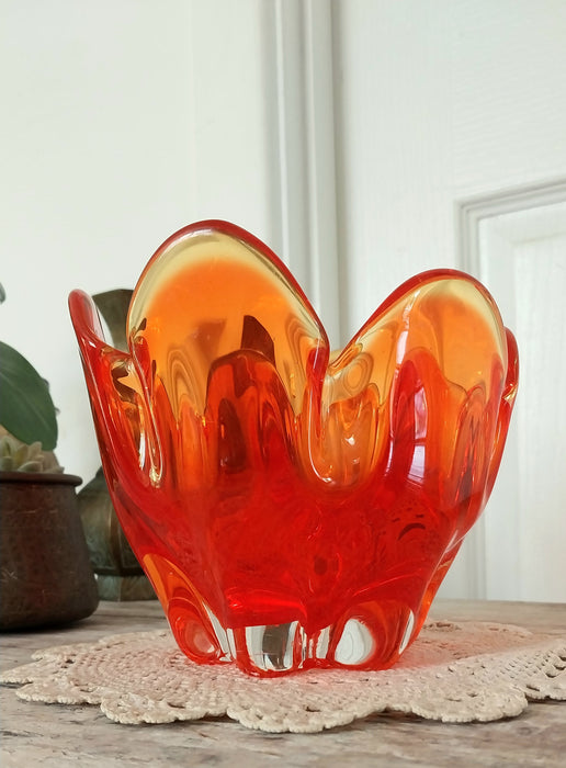Orange Japanese Iwatsu sunart glass handkerchief vase.