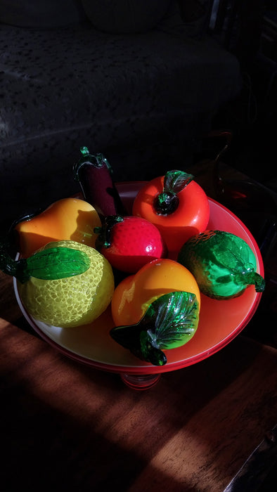 Vintage Glass fruit in red art glass bowl