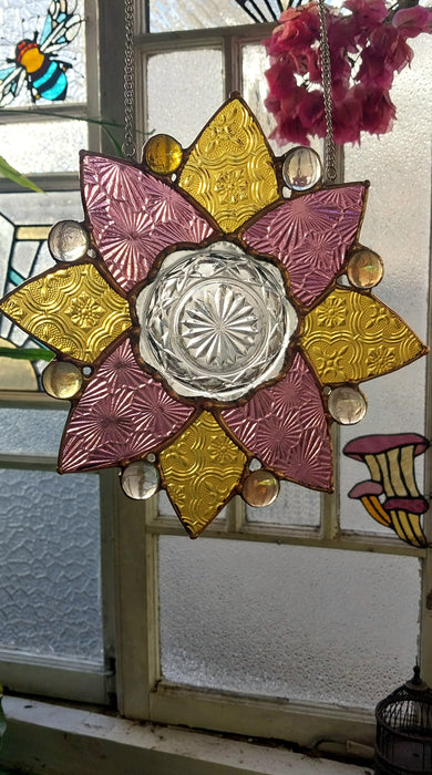 Available Saturday 13th of June 3pm AEST. 🩷💛Pink and yellow  glass mandala