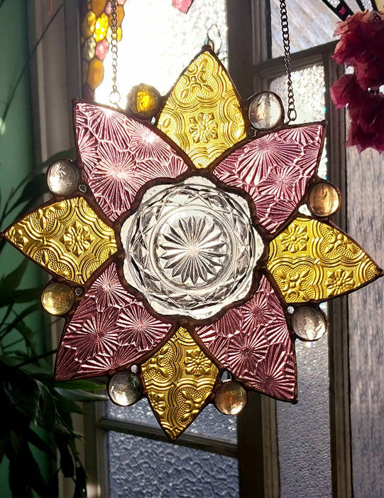 Available Saturday 13th of June 3pm AEST. 🩷💛Pink and yellow  glass mandala