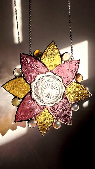 Available Saturday 13th of June 3pm AEST. 🩷💛Pink and yellow  glass mandala