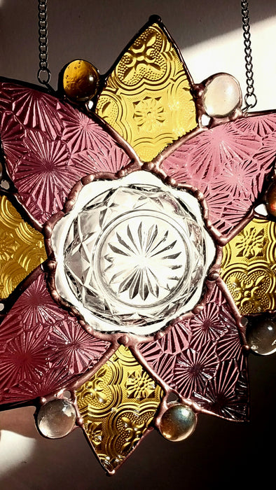 Available Saturday 13th of June 3pm AEST. 🩷💛Pink and yellow  glass mandala