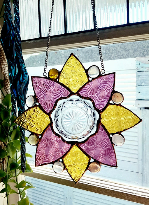 Available Saturday 13th of June 3pm AEST. 🩷💛Pink and yellow  glass mandala